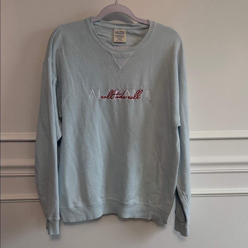 Pastel Blue Crewneck Sweater with Script Embroidery— Alabama Roll Tide Roll